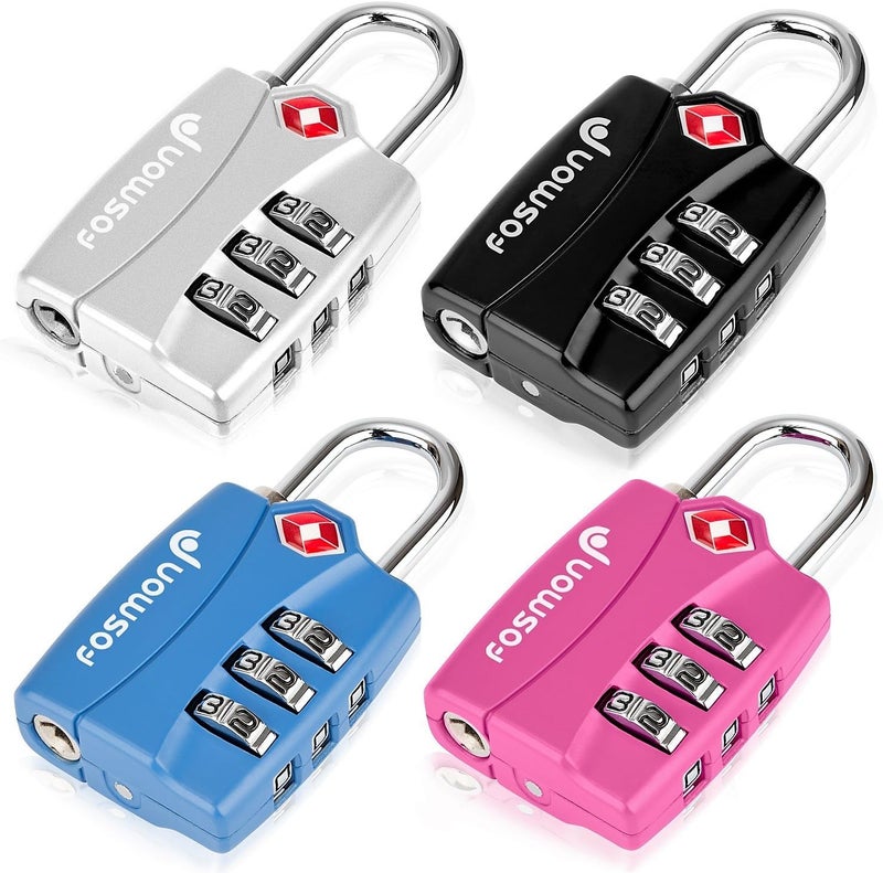 Fosmon TSA Approved Luggage Locks, (4 PACK) Open Alert Indicator 3 Digit Combination Padlock Codes with Alloy Body for Travel Bag, Suit Case, Lockers, Gym, Bike Locks - Black, Blue, Pink, and Silver - Image 2