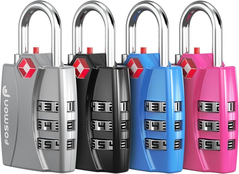 Fosmon TSA Approved Luggage Locks, (4 PACK) Open Alert Indicator 3 Digit Combination Padlock Codes with Alloy Body for Travel Bag, Suit Case, Lockers, Gym, Bike Locks - Black, Blue, Pink, and Silver - Image 1