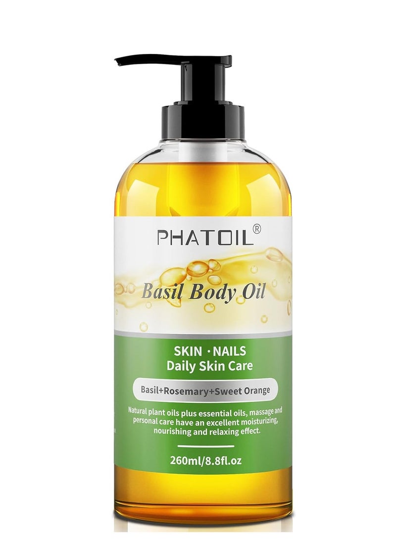 PHATOIL Basil Body Oil with Pump, 260 ml (8.8 fl.oz) Multi-Purpose Massage Oil Basil Oil, Blends of Natural Plant Oils and Essential Oils, Great for Skin Care, Body Oils for Women and Men - Image 1