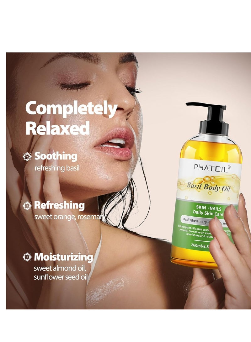PHATOIL Basil Body Oil with Pump, 260 ml (8.8 fl.oz) Multi-Purpose Massage Oil Basil Oil, Blends of Natural Plant Oils and Essential Oils, Great for Skin Care, Body Oils for Women and Men - Image 3