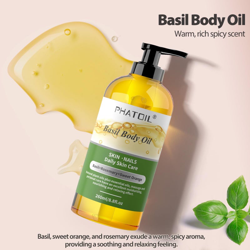 PHATOIL Basil Body Oil with Pump, 260 ml (8.8 fl.oz) Multi-Purpose Massage Oil Basil Oil, Blends of Natural Plant Oils and Essential Oils, Great for Skin Care, Body Oils for Women and Men - Image 2