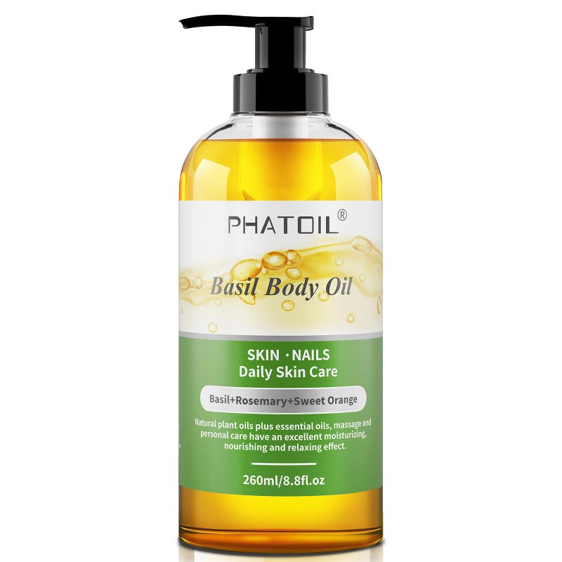 PHATOIL Basil Body Oil with Pump, 260 ml (8.8 fl.oz) Multi-Purpose Massage Oil Basil Oil, Blends of Natural Plant Oils and Essential Oils, Great for Skin Care, Body Oils for Women and Men - Image 1