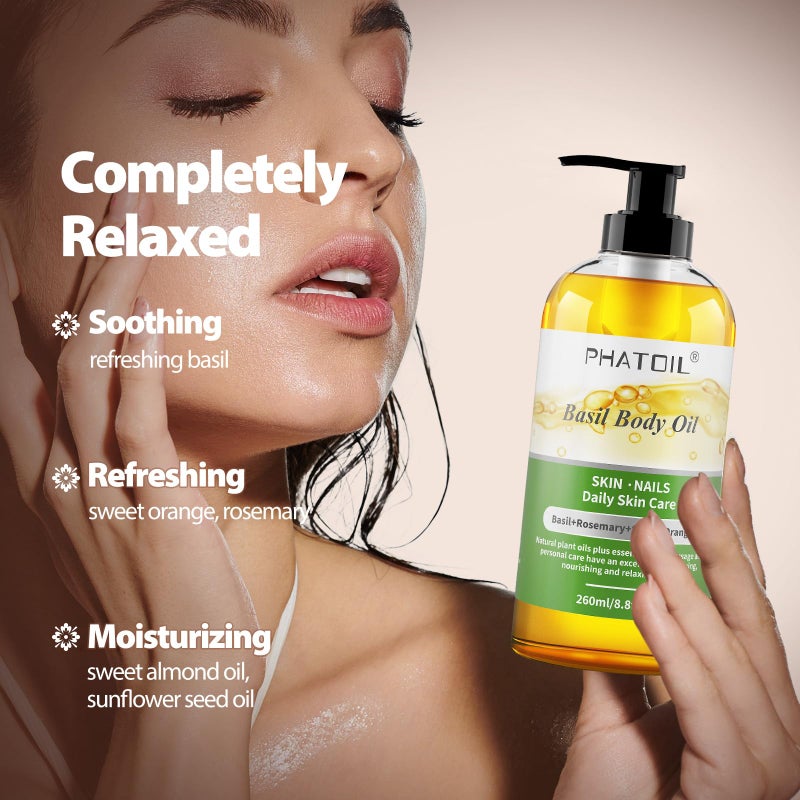 PHATOIL Basil Body Oil with Pump, 260 ml (8.8 fl.oz) Multi-Purpose Massage Oil Basil Oil, Blends of Natural Plant Oils and Essential Oils, Great for Skin Care, Body Oils for Women and Men - Image 3