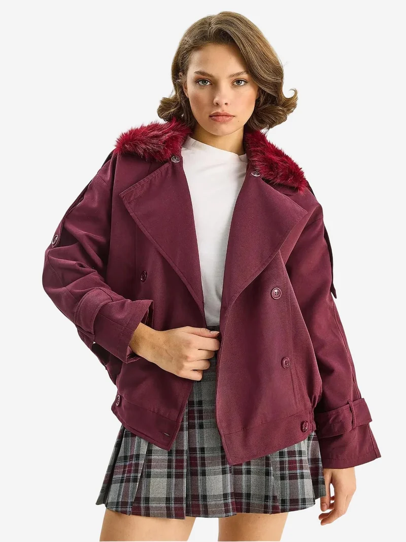 Bianco Lucci LUCCI Trench Coat with Faux Fur Collar