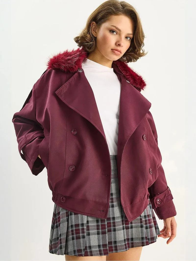 Bianco Lucci LUCCI Trench Coat with Faux Fur Collar