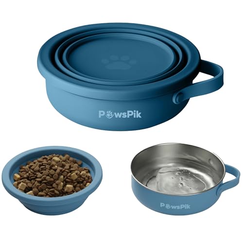 PawsPik 2-in-1 Travel Dog & Cat Bowl – Collapsible BPA-Free Silicone & 18/8 Stainless Steel, Portable & Non-Slip with Handle, Easy to Clean, Food & Water Bowl for On-the-Go Pets (Midnight Summit Blue) - Image 1
