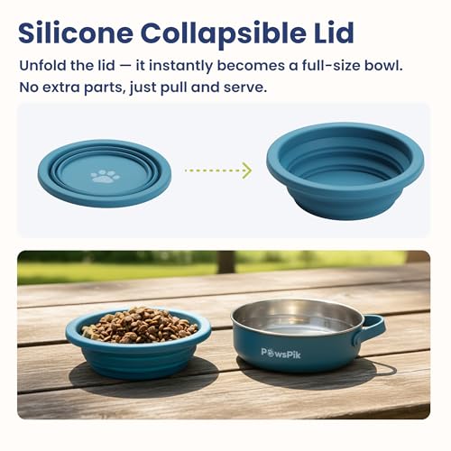 PawsPik 2-in-1 Travel Dog & Cat Bowl – Collapsible BPA-Free Silicone & 18/8 Stainless Steel, Portable & Non-Slip with Handle, Easy to Clean, Food & Water Bowl for On-the-Go Pets (Midnight Summit Blue) - Image 3