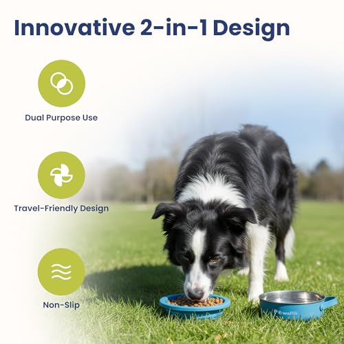 PawsPik 2-in-1 Travel Dog & Cat Bowl – Collapsible BPA-Free Silicone & 18/8 Stainless Steel, Portable & Non-Slip with Handle, Easy to Clean, Food & Water Bowl for On-the-Go Pets (Midnight Summit Blue) - Image 2