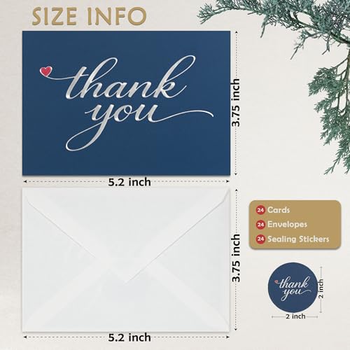 Cheerin 24 Pack Blue Thank You Cards With Envelopes Set - Elegant Silver Foil Thank You Notes for Wedding, Birthday and Business - Bulk Appreciation Cards 3x5 inch - Image 3