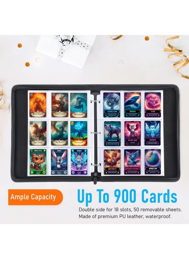 Hamkot 9-Pocket Card Binder For 900 Trading Cards, Premium Pu Leather Zipper Baseball Card Binder, Collectible Card Binder Compatible With Pokemon Cards, Mtg Tcg And Sport Cards, Gift For Girls Boys  - Image 2