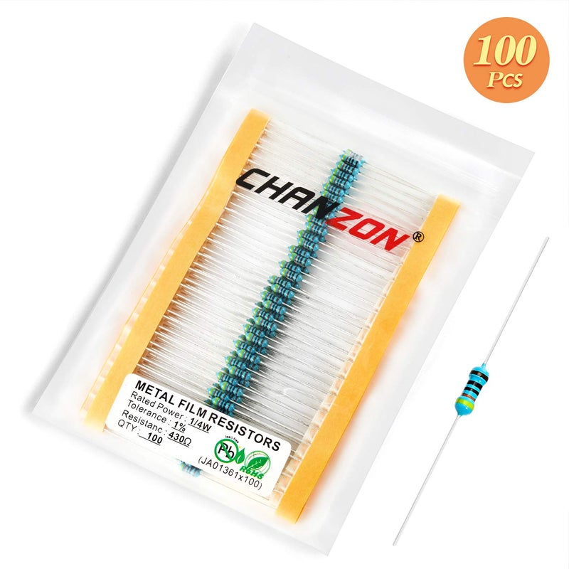 CHANZON 100pcs 1/4W (0.25W) 430 Ω ohm Metal Film Fixed Resistor 0.01 ±1% Tolerance 430R MF Through Hole Resistors Rohs Certificated - Image 5