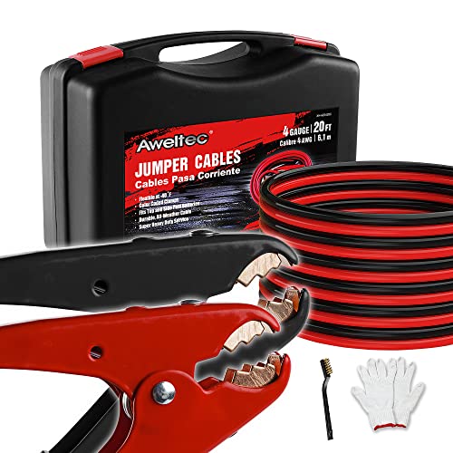AWELTEC 100% Pure Copper Jumper Cables 4 Gauge 20 Feet - Heavy Duty Battery Booster Cable 800 AMP with Carry Bag, Safety Gloves and Iron Brush Included(Copper 4AWG x 20FT) - Image 1