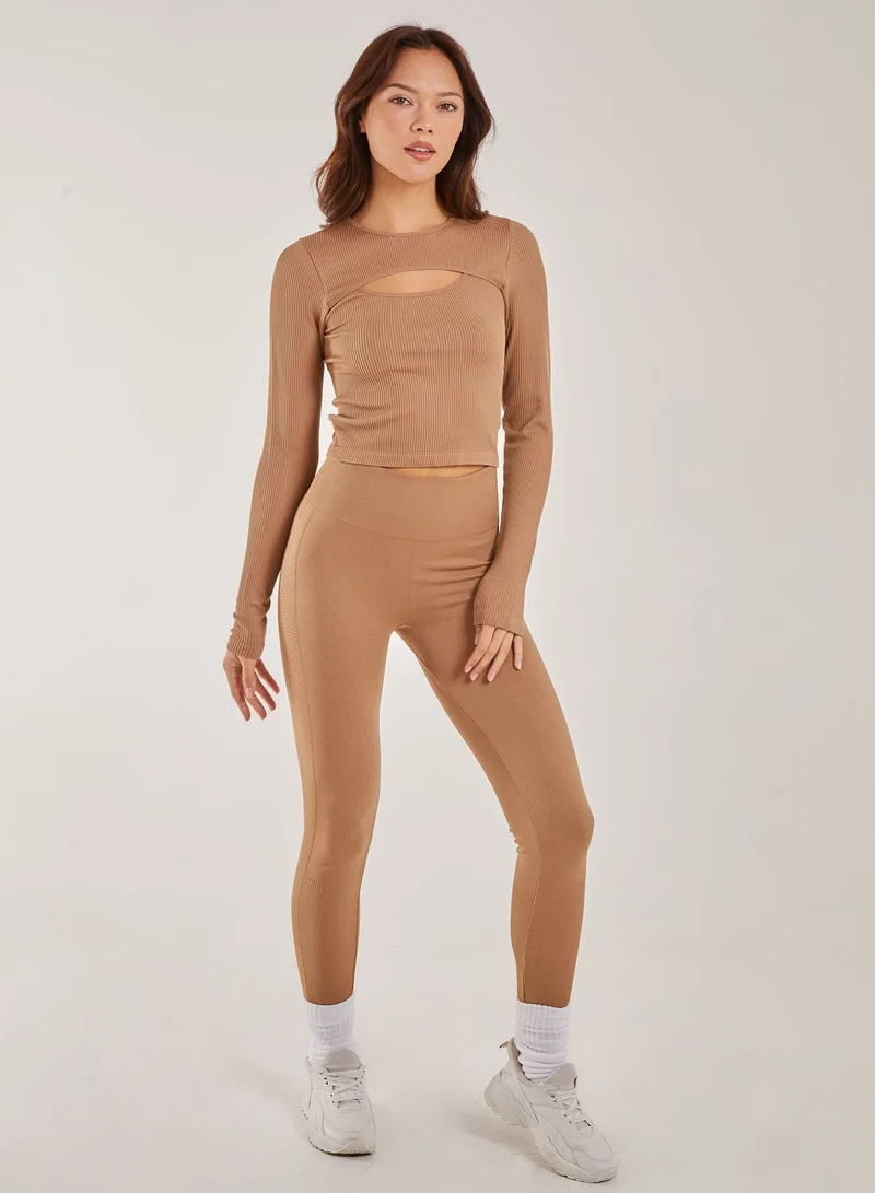 Pink Vanilla  Rib Long Sleeve Cut Out Top for Women | Best Price UAE