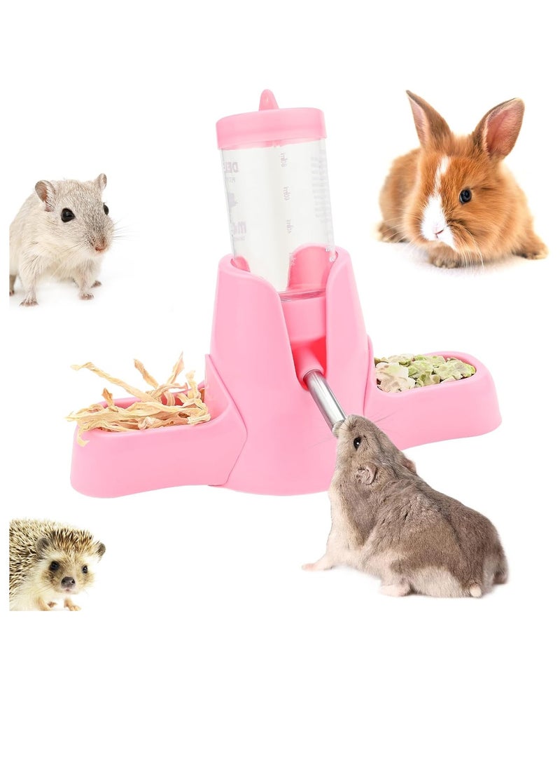 3 in 1 Hamster Water Bottle Small Animal Water Bottle with Food Container Base Automatic Bottle Dispenser BPA Free for Small Pet Hamster Chinchilla Squirrel Bunny Small Animals (Pink, 2.7oz With Bottle) - Image 1