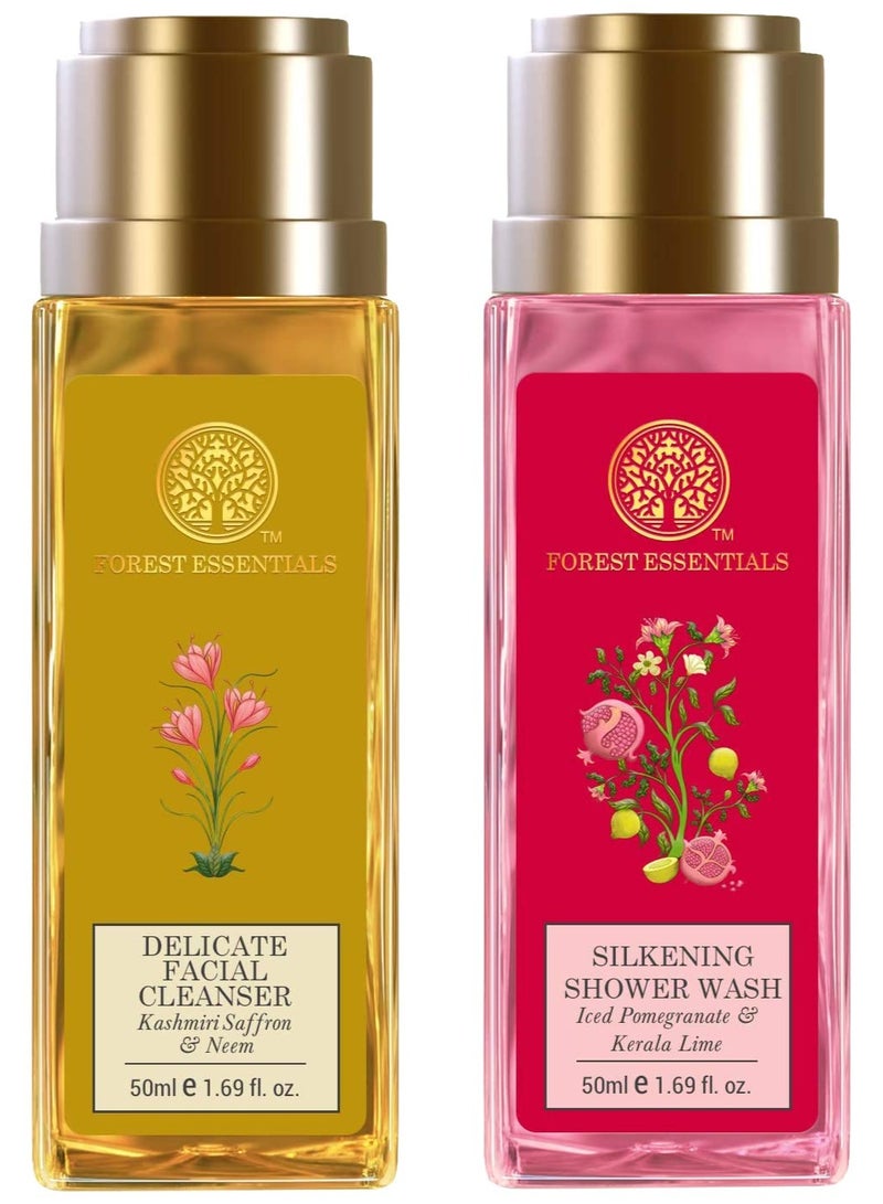 Forest Essentials Delicate Facial Cleanser Kashmiri Saffron & Neem& Forest Essentials Silkening Shower Wash Iced Pomegranate & Kerala Lime - Image 1