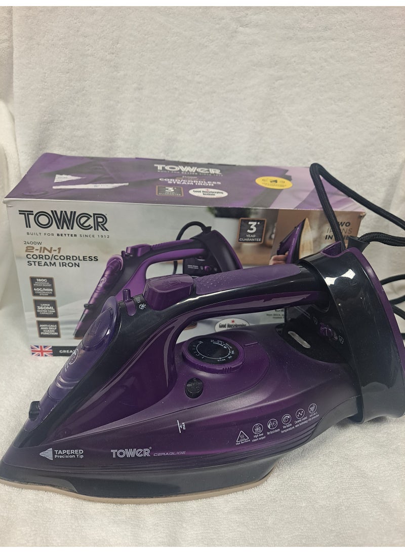 تاور مكواة بخار لاسلكية CeraGlide T22008 مزودة بقاعدة سيراميك ووظيفة بخار متغيرة، 2400 واط، لون بنفسجي. - Image 3