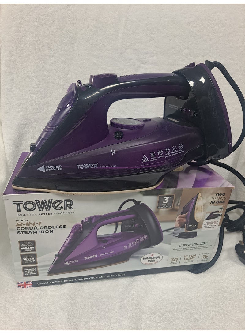 تاور مكواة بخار لاسلكية CeraGlide T22008 مزودة بقاعدة سيراميك ووظيفة بخار متغيرة، 2400 واط، لون بنفسجي. - Image 2