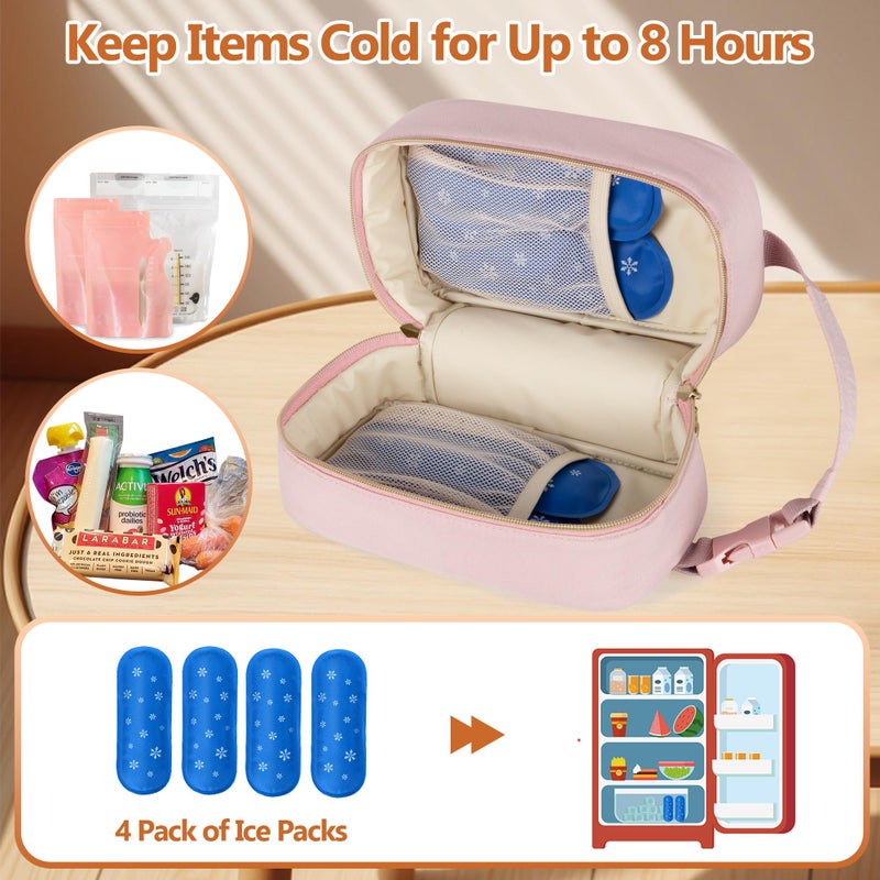 Damero حقيبة تبريد حليب الأم داميرو مع 4 أكياس ثلج - حقيبة تنظيم تبريد حليب الأم للسفر مع مقبض قابل للفصل للأم العاملة، وردي - Image 3