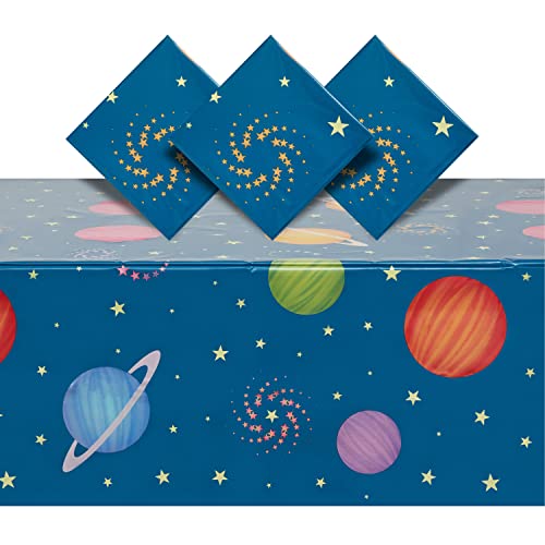 Blue Panda Outer Space Plastic Tablecloth - Durable Disposable Table Cover - Galaxy Planet Print for Space Party Decoration - Pack of 3, 54 x 108 in - Image 1