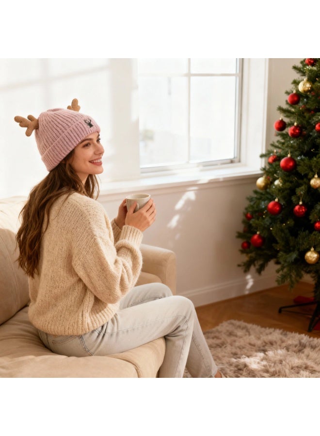 Y&D قبعة قرون الغزال المحبوكة لعيد الميلاد، قبعة قرون الغزال المحبوكة اللطيفة، قبعة كروشيه للبالغين، قبعة شتوية دافئة - Image 2