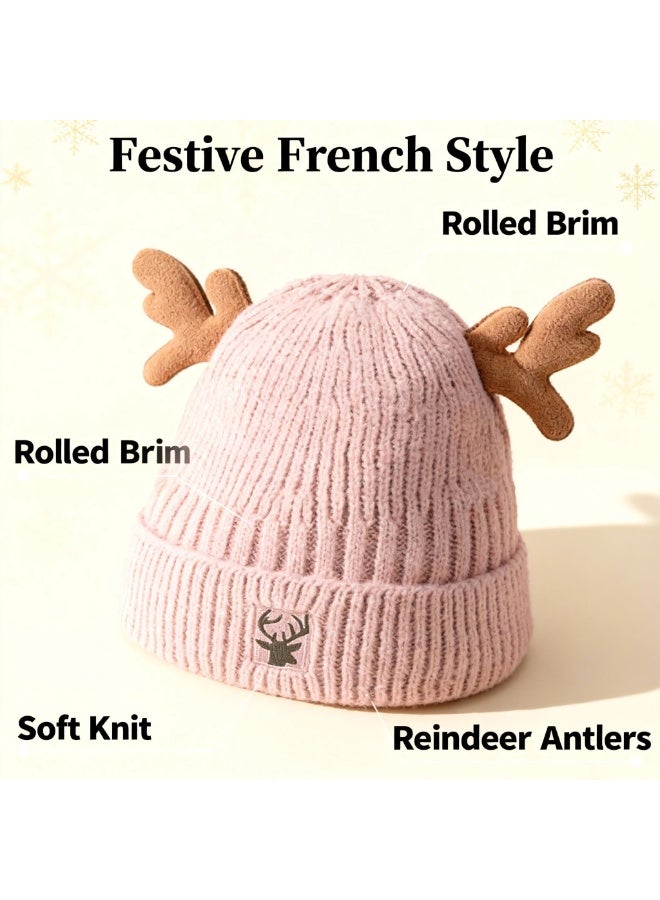 Y&D قبعة قرون الغزال المحبوكة لعيد الميلاد، قبعة قرون الغزال المحبوكة اللطيفة، قبعة كروشيه للبالغين، قبعة شتوية دافئة - Image 3