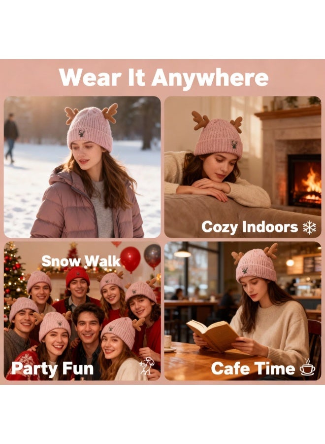 Y&D قبعة قرون الغزال المحبوكة لعيد الميلاد، قبعة قرون الغزال المحبوكة اللطيفة، قبعة كروشيه للبالغين، قبعة شتوية دافئة - Image 5