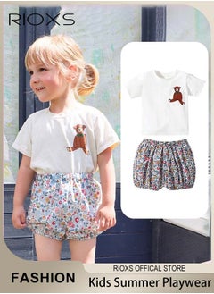 RIOXS Toddler Girls Top and Short Sets Kids Short Sleeve Shirt Short Pants Suits Breathable 100% Cotton Outfits Summer Playwear  - Image 1