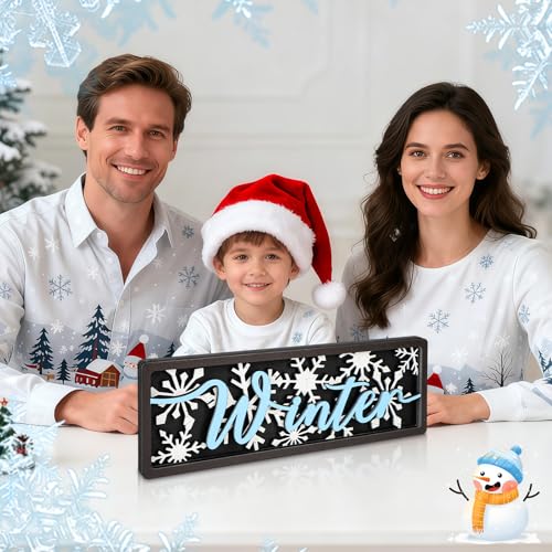 Yewfold Vintage Winter Table Decor Wooden Snowflake Table centerpiece Rustic Farmhouse Winter Decor Sign for Home Office Desk Tiered Tray Shelf Decor (Blue Black) - Image 4