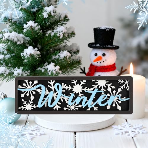 Yewfold Vintage Winter Table Decor Wooden Snowflake Table centerpiece Rustic Farmhouse Winter Decor Sign for Home Office Desk Tiered Tray Shelf Decor (Blue Black) - Image 3