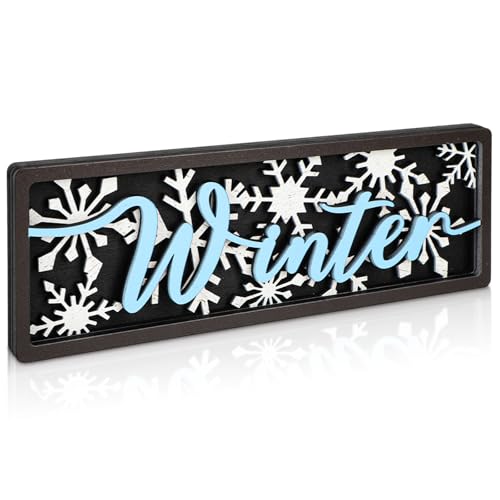 Yewfold Vintage Winter Table Decor Wooden Snowflake Table centerpiece Rustic Farmhouse Winter Decor Sign for Home Office Desk Tiered Tray Shelf Decor (Blue Black) - Image 1