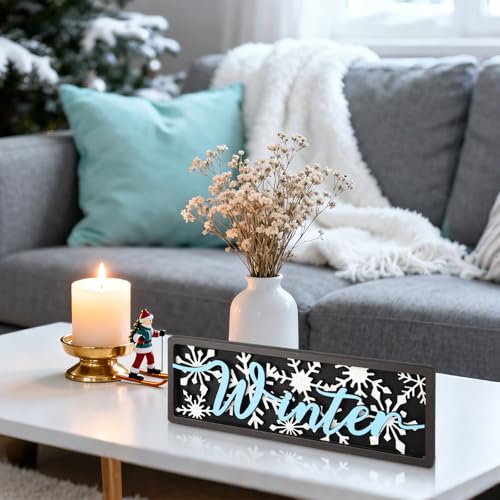 Yewfold Vintage Winter Table Decor Wooden Snowflake Table centerpiece Rustic Farmhouse Winter Decor Sign for Home Office Desk Tiered Tray Shelf Decor (Blue Black) - Image 5