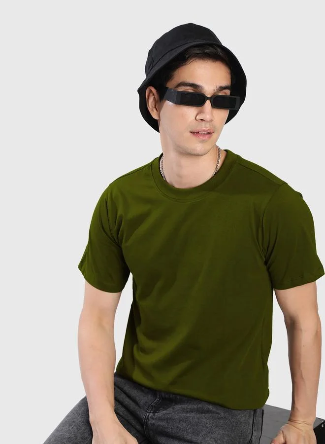 Styli Men Olive Solid Regular Fit T-Shirt By Bene Kleed
