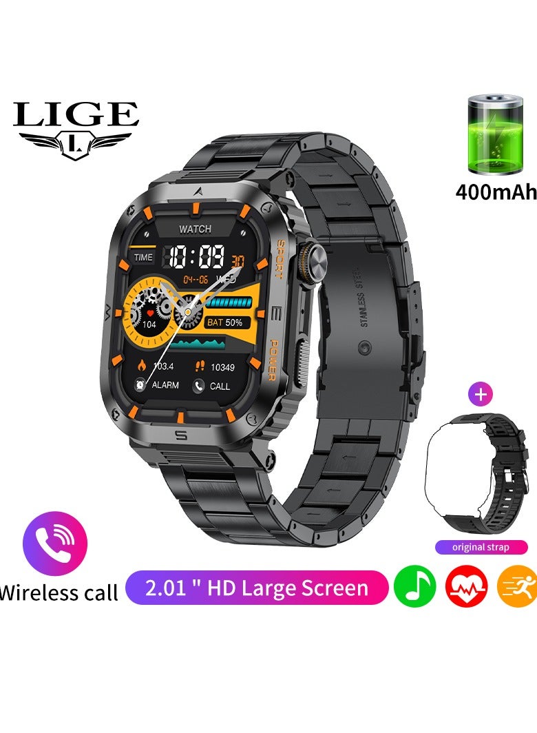 LIGE 2025 Newest Men's 400mAh Big Battery 2.01'' Large Full Touch Screen Sports Smart Watches IP68 Waterproof Support Arabic Steel Black  - Image 1