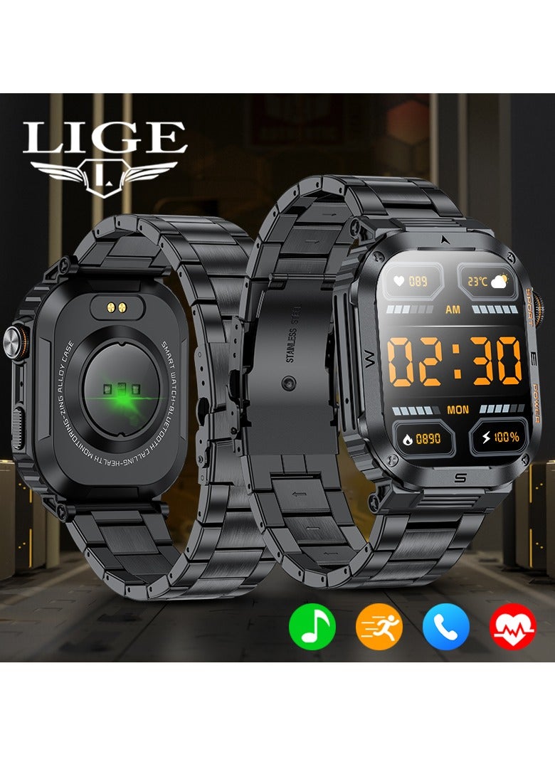 LIGE 2025 Newest Men's 400mAh Big Battery 2.01'' Large Full Touch Screen Sports Smart Watches IP68 Waterproof Support Arabic Steel Black  - Image 2