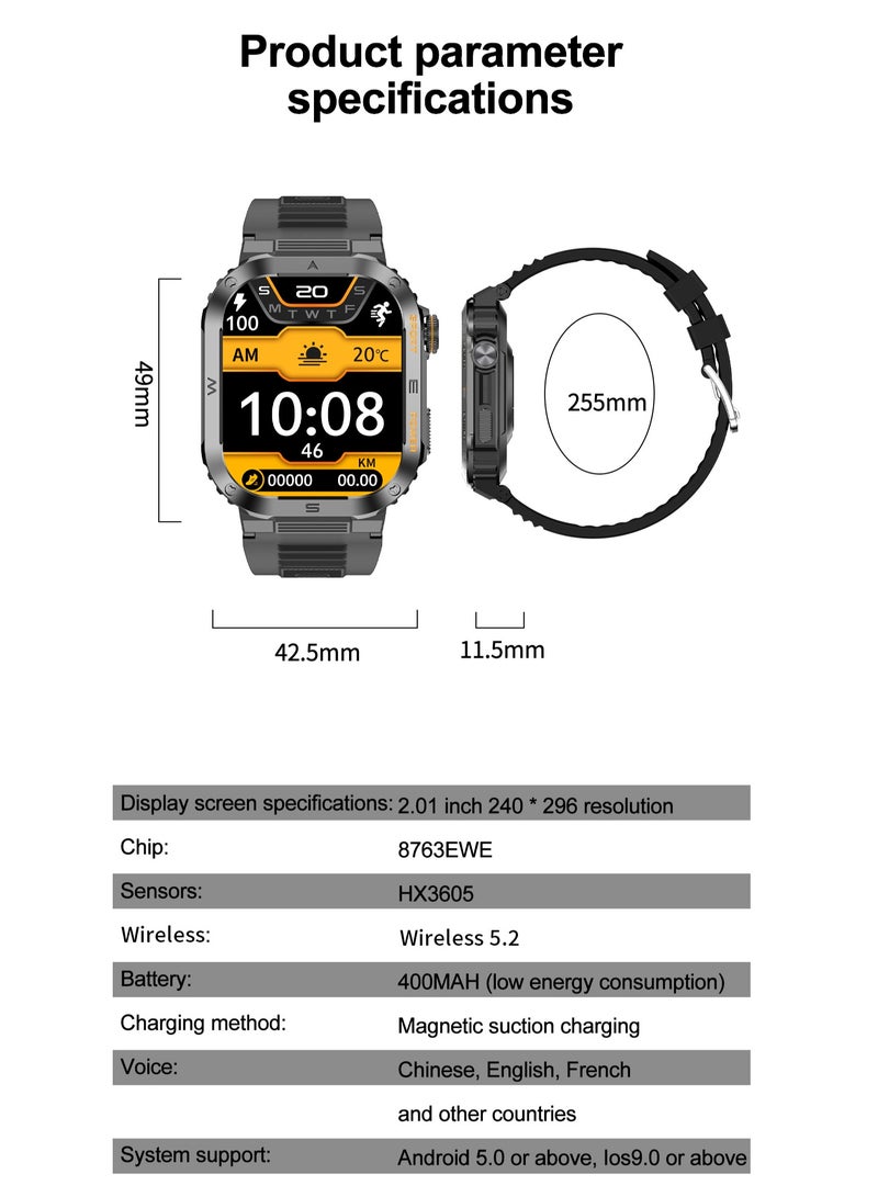 LIGE 2025 Newest Men's 400mAh Big Battery 2.01'' Large Full Touch Screen Sports Smart Watches IP68 Waterproof Support Arabic Steel Black  - Image 5
