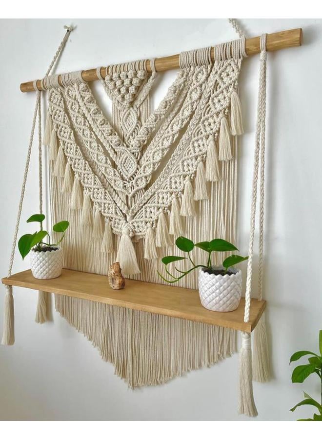 انتيكيانو رف معلق على الحائط بخيوط مكرمية.. ديكور حائط بوهيمي لغرفة النوم - فن جداري من حبل مكرمية منسوج كديكور لرف - Image 3