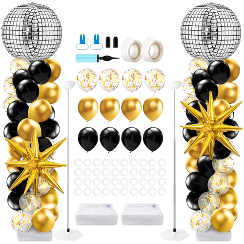 Kasyat 2 Sets Black and Gold Column Stand Kit with 4d Disco Ball and Explosion Star Foil Balloon Arch Garland for 80s Party Anniversary Birthday Party Retro Dance Decorations - Image 1