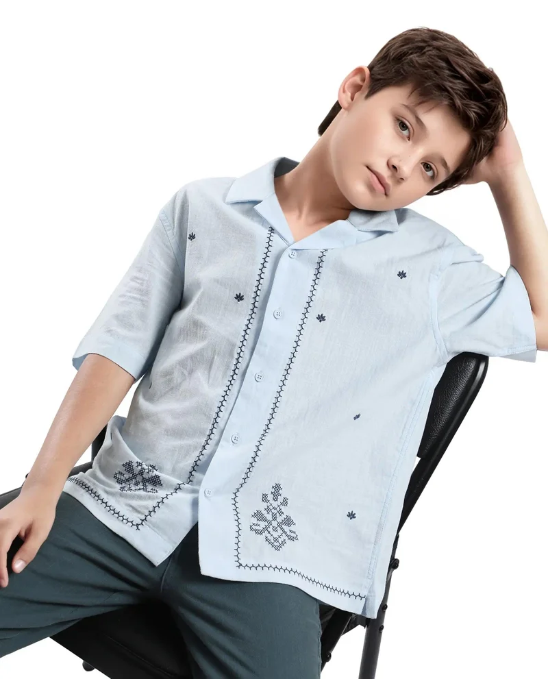 رير ونز Rare Ones Kids Lucy Light Blue Cotton Half Sleeve Button Embroidered Regular Fit Shirt