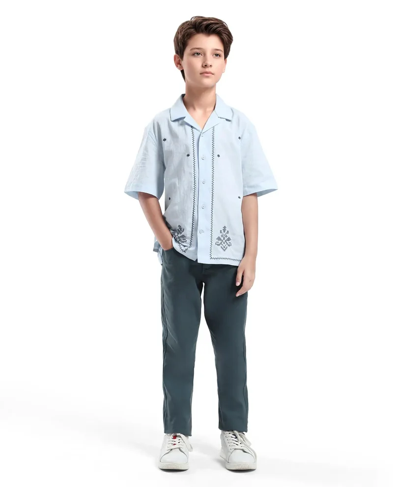 رير ونز Rare Ones Kids Lucy Light Blue Cotton Half Sleeve Button Embroidered Regular Fit Shirt