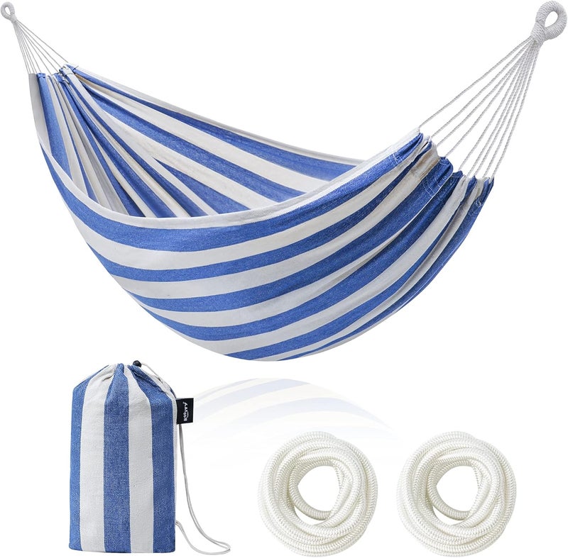 ROOITY Double Hammock Brazilian Hammocks with Portable Carrying Bag,Soft Cotton Fabric, Up to 450 Lbs Hanging for Patio,Trees,Garden,Backyard,Porch,Outdoor and Indoor XXX-Large Stripe (Blue-White) - Image 1