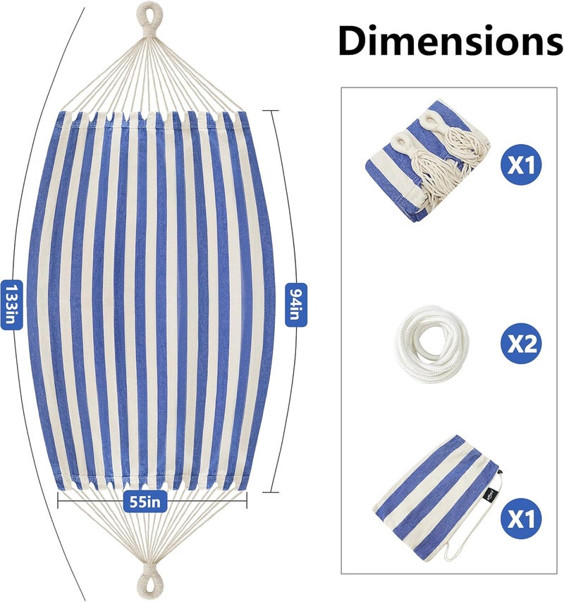 ROOITY Double Hammock Brazilian Hammocks with Portable Carrying Bag,Soft Cotton Fabric, Up to 450 Lbs Hanging for Patio,Trees,Garden,Backyard,Porch,Outdoor and Indoor XXX-Large Stripe (Blue-White) - Image 2