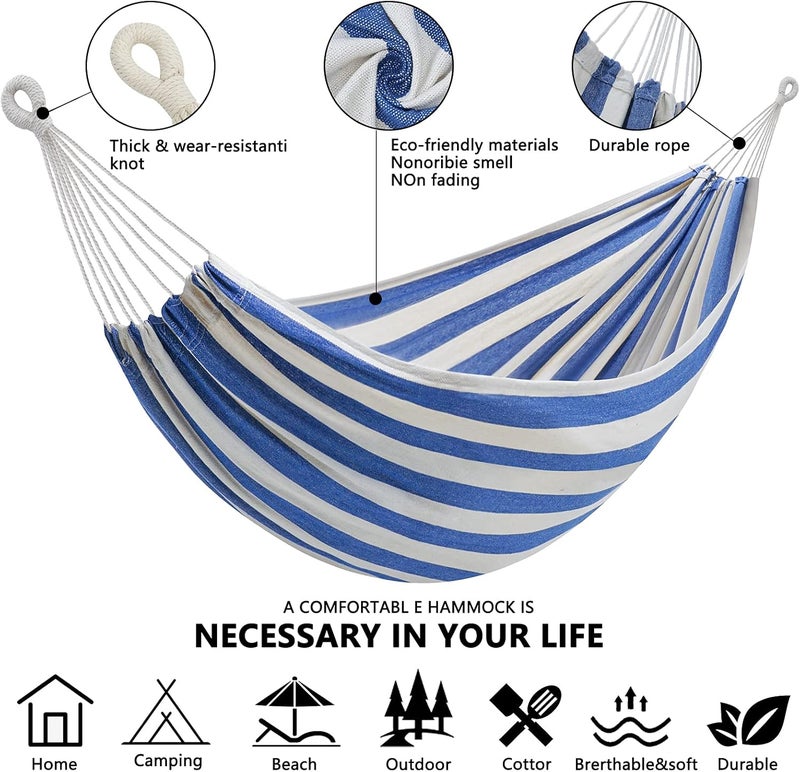 ROOITY Double Hammock Brazilian Hammocks with Portable Carrying Bag,Soft Cotton Fabric, Up to 450 Lbs Hanging for Patio,Trees,Garden,Backyard,Porch,Outdoor and Indoor XXX-Large Stripe (Blue-White) - Image 3