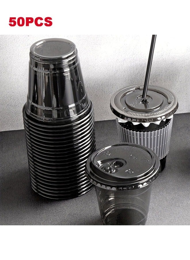 50pcs Black Disposable Cups, PET Plastic Cold Drink Cups, Juice Milk Tea Cups, Takeaway Packaging, Small Black Cups, Ice Coffee Cups, Cups With Lids, 330ML - Image 1