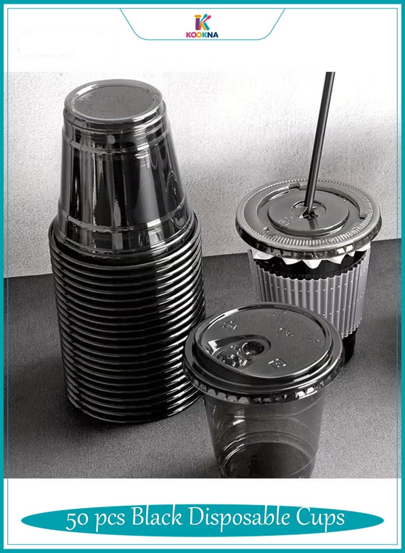 KOOKNA 50pcs Black Disposable Cups, PET Plastic Cold Drink Cups, Juice Milk Tea Cups, Takeaway Packaging, Small Black Cups, Ice Coffee Cups, Cups With Lids, 330ML - Image 1