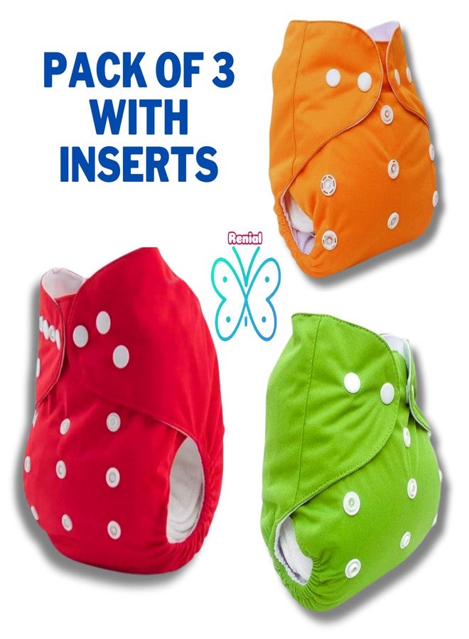 RENIAL REUSABLE CLOTH DIAPERS (DIAPER AND INSERT) ADJUSTABLE FREESIZE FOR BABIES BETWEEN 3 MONTHS TO 3 YEARS MULTICOLORS [PACK OF 3] - Image 3