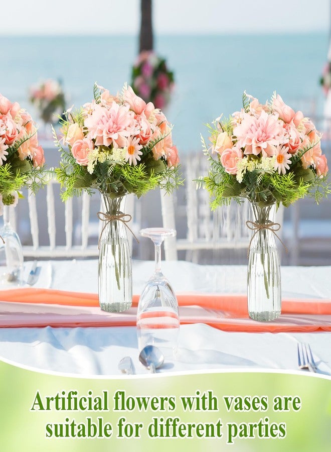 Reallnaive 20 Pack Artificial Flowers with Vase Bulk, 10 Bundles Silk Flower Artificial Bouquet 10 Clear Flower Vase with 1 Pcs Rope, Table Centerpiece Arrangement Decoration Wedding Party(Pink) - Image 5