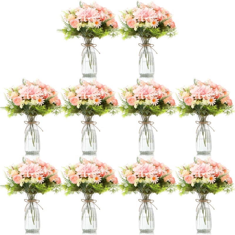 Reallnaive 20 Pack Artificial Flowers with Vase Bulk, 10 Bundles Silk Flower Artificial Bouquet 10 Clear Flower Vase with 1 Pcs Rope, Table Centerpiece Arrangement Decoration Wedding Party(Pink) - Image 1