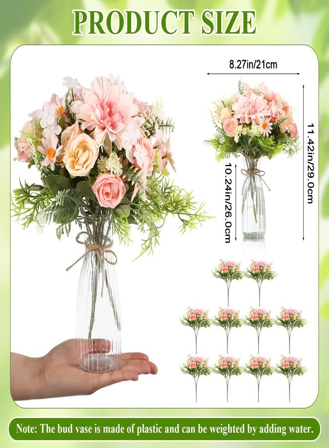 Reallnaive 20 Pack Artificial Flowers with Vase Bulk, 10 Bundles Silk Flower Artificial Bouquet 10 Clear Flower Vase with 1 Pcs Rope, Table Centerpiece Arrangement Decoration Wedding Party(Pink) - Image 3