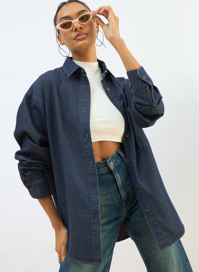 ساسافراس بلوزة واسعة دنيم بتفاصيل مشطوفة - Image 1