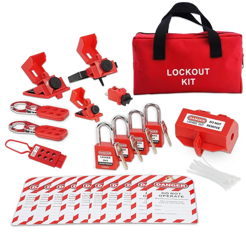Wisamic Electrical Lockout Tagout Kit, Lock Out Tag Out Kits with Clamp-On & Universal Multipole Circuit Breaker Lockout, Group Lockout Hasps, Plug Lockout, Safety Padlocks, Loto Tags, Nylon Ties, Pocket Bag - Image 1